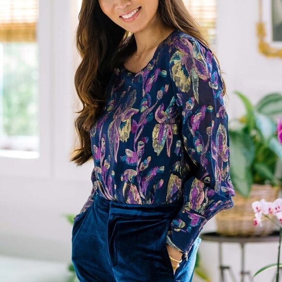 Lilly Pulitzer Womens True Navy Lambert Silk Blouse Top Rainbow Metallic Size XS - Picture 2 of 13